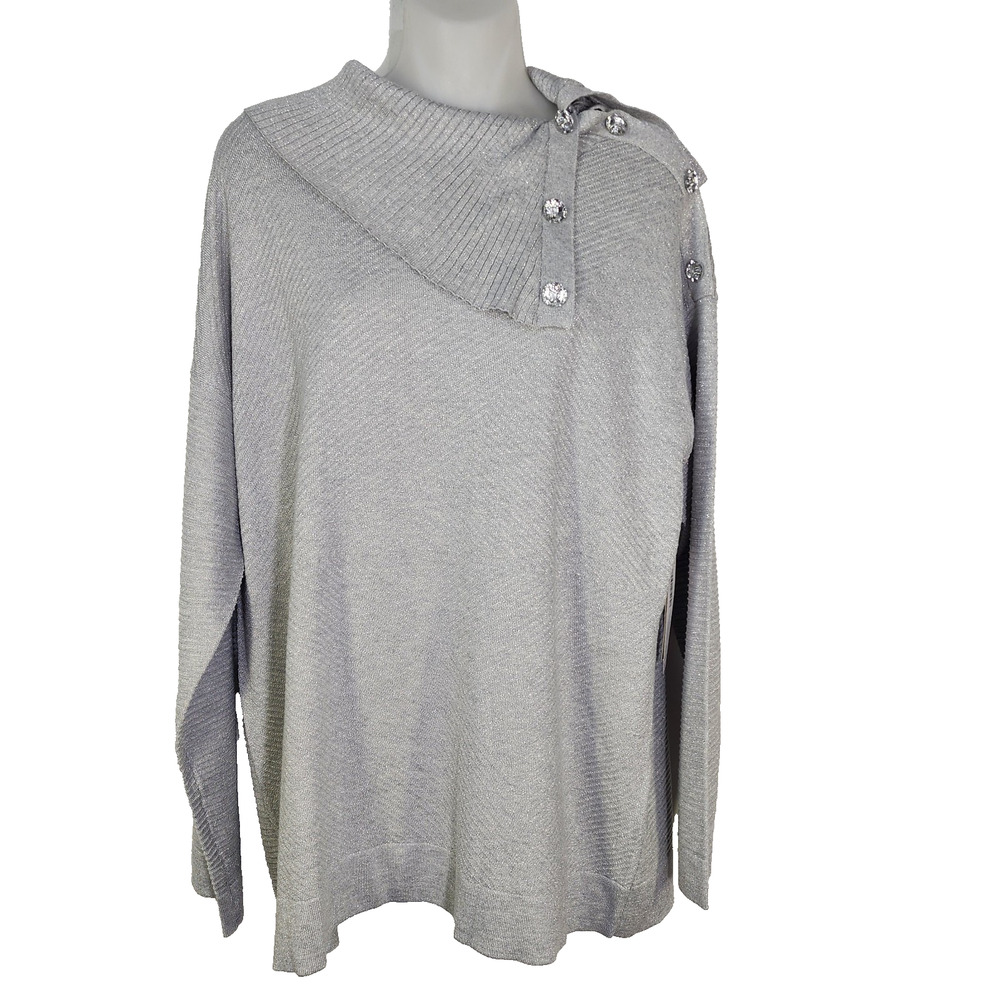 Chico’s Sweater Women Size 2 Large Gray Sparkle Envelope Neck Button Tunic Lurex